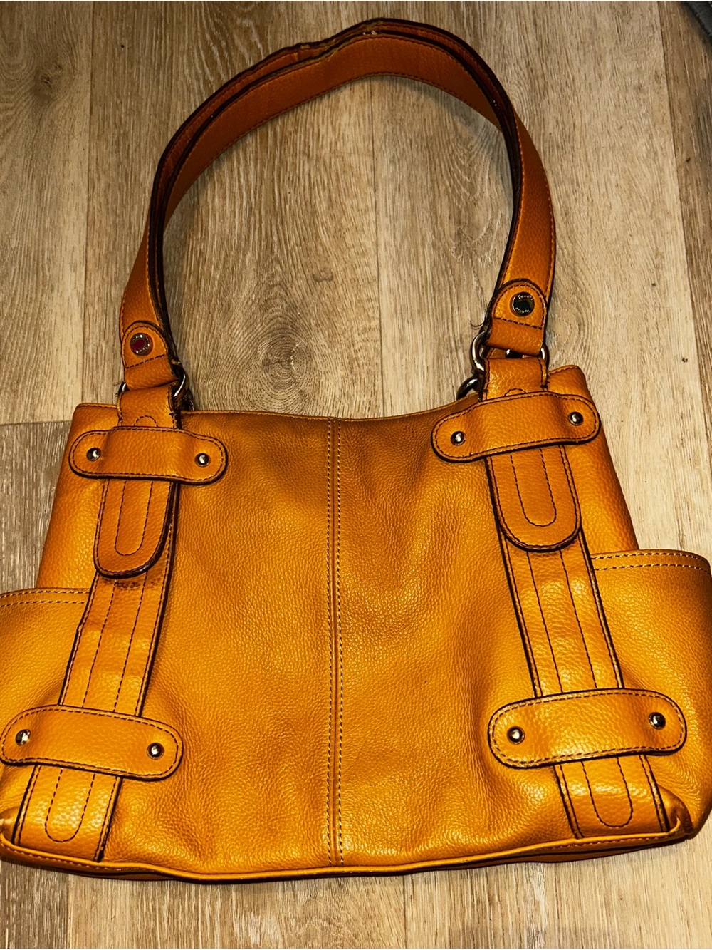 Tignanello Perfect 10 Mustard Yellow Pebbled Leather Studded Shoulder Bag Hobo